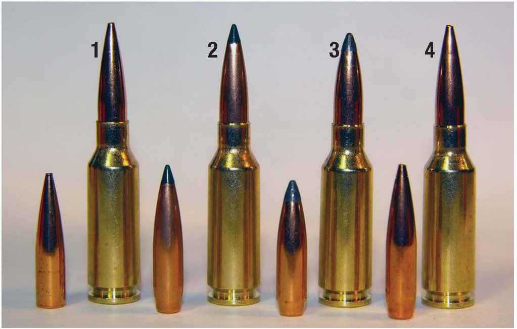 Heavier bullets chosen for the HOWA H-S Precision Carbon Fiber Mini Action included: (1) Berger’s 88-grain High BC Flat Base Varmint, (2) Sierra’s 95-grain Tipped MatchKing, (3) Speer’s 100-grain BTSP and (4) Berger’s 105-grain VLD Target.